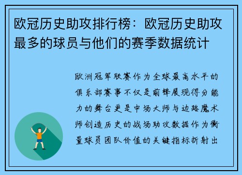 欧冠历史助攻排行榜：欧冠历史助攻最多的球员与他们的赛季数据统计