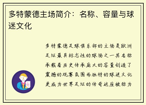 多特蒙德主场简介：名称、容量与球迷文化